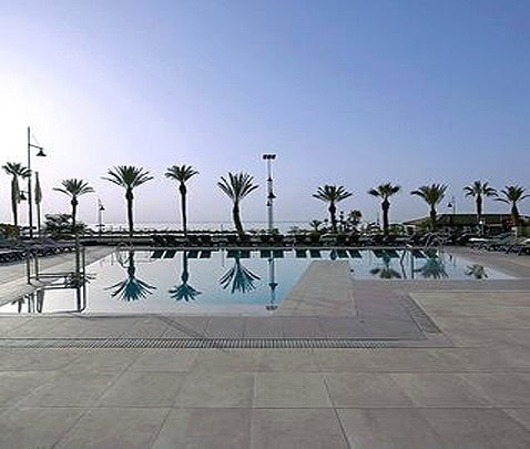 Piscina a sfioro all'aperto con palme e area relax sul bordo piscina.