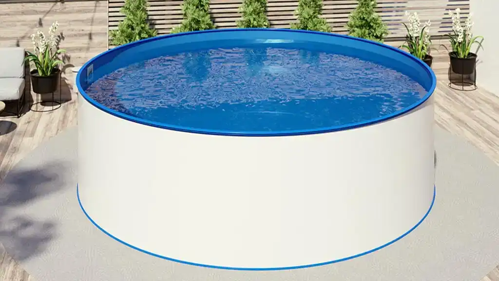 Piscina rotonda fuori terra SunnyPool MTH diametro 3 metri e altezza 1,5 m con pareti bianche e bordo superiore blu