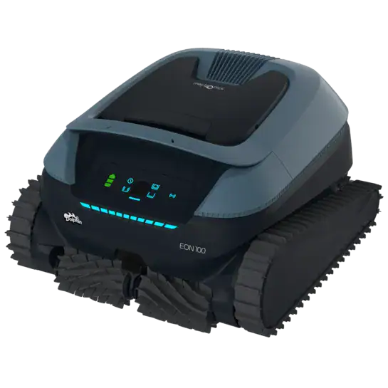 Robot pulitore per piscine con ruote e pannello di controllo digitale.