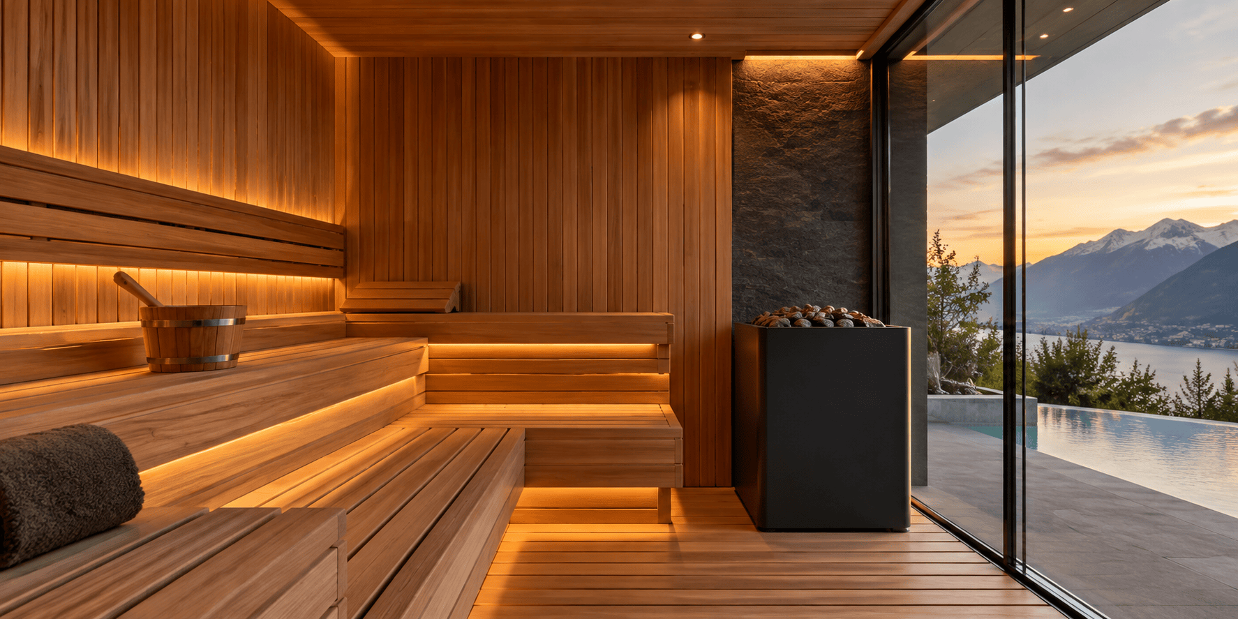 Sauna finlandese moderna in legno con illuminazione LED e vista panoramica